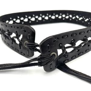 VINTAGE HIPPIE BOHO leather tie belt black handmade / crafted